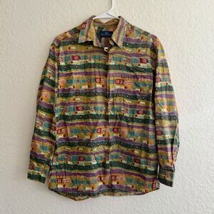 Wacky Vtg Cat Shirt Button Down Artsy Cat Lady Teacher Funky Novelty 90s